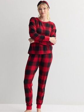 Sonoma 3 Piece Red & Black Plaid Long-Sleeve Pajama Set with Headband